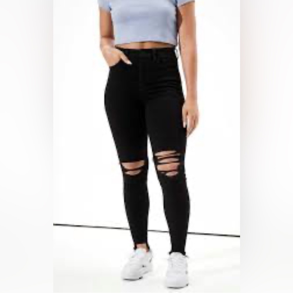 AE Curvy Dream Jeans Super hi-rise Jegging Black Destroyed 0